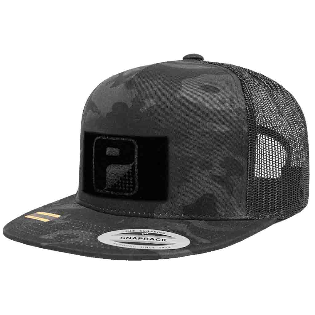 Multicam® Trucker Flat Bill Snapback Hat by Pull Patch (Black Camo/Black)
